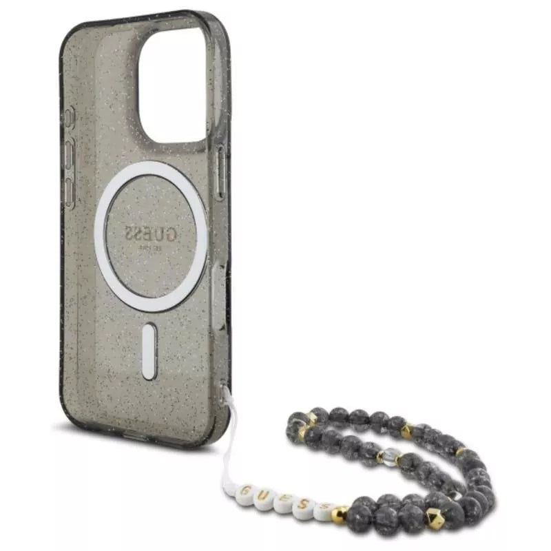 Guess IML Glitter With Pearl Strap MagSafe – dėklas iPhone 16 Pro Max (juodas)