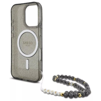 Guess IML Glitter With Pearl Strap MagSafe – dėklas iPhone 16 Pro Max (juodas)