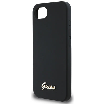 Guess Silicone Script Metal Logo MagSafe – dėklas, skirtas „iPhone 16e“ (juoda)
