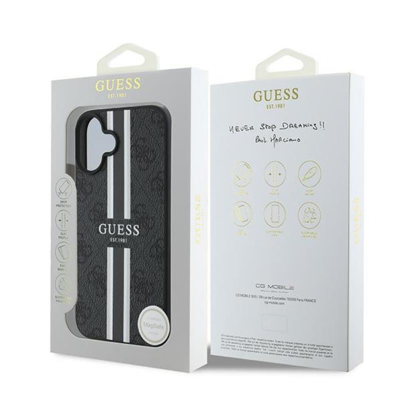 Guess 4G Printed Stripes MagSafe – dėklas iPhone 16 Plus (juodas)