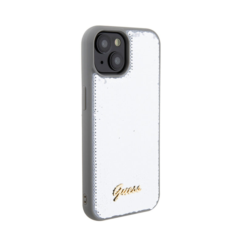 Guess dėklas su metaliniu blizgučių užrašu, skirtas „iPhone 15“ (sidabrinis)