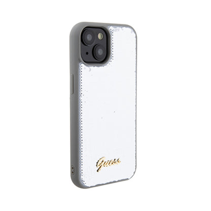 Guess dėklas su metaliniu blizgučių užrašu, skirtas „iPhone 15“ (sidabrinis)