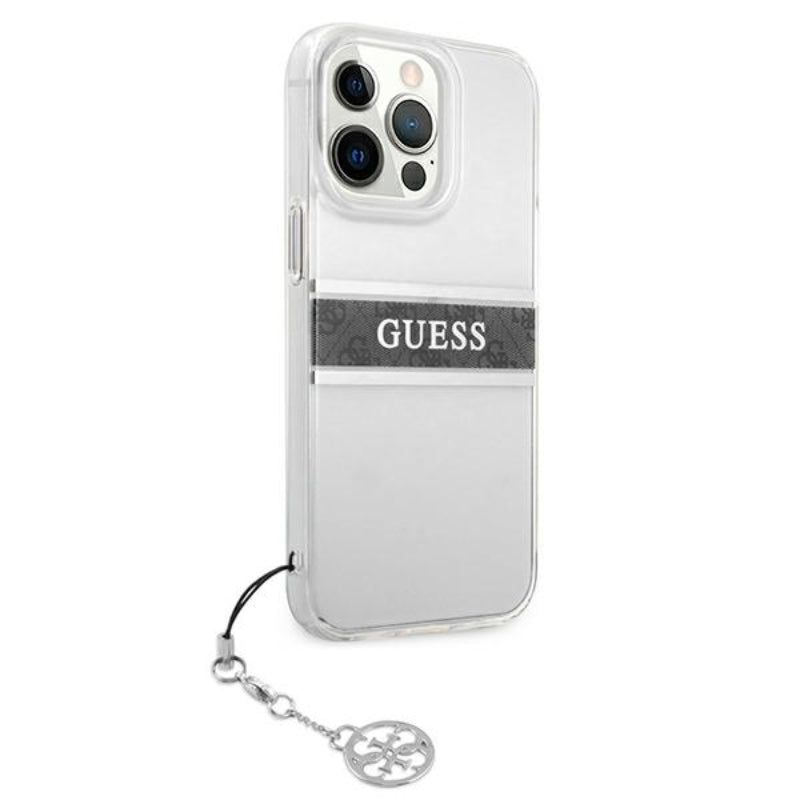 Guess 4G Stripe Grey Charm – dėklas iPhone 13 Pro (skaidrus)