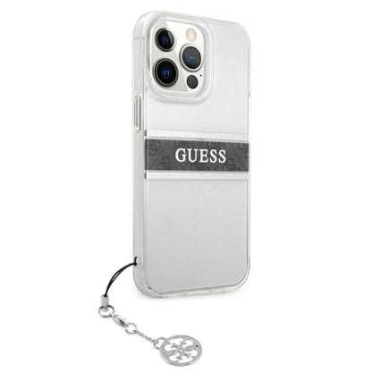 Guess 4G Stripe Grey Charm – dėklas iPhone 13 Pro (skaidrus)