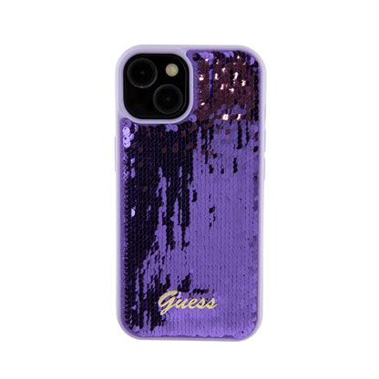 Guess Sequin Script Metal – Dėklas, skirtas iPhone 15 (violetinis)
