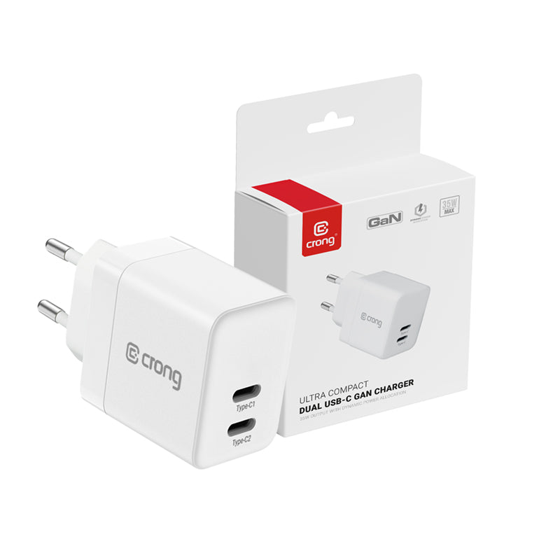 Crong Itin Kompaktiškas GaN - Sieninis įkroviklis 2x USB-C Power Delivery 35W (Baltas)
