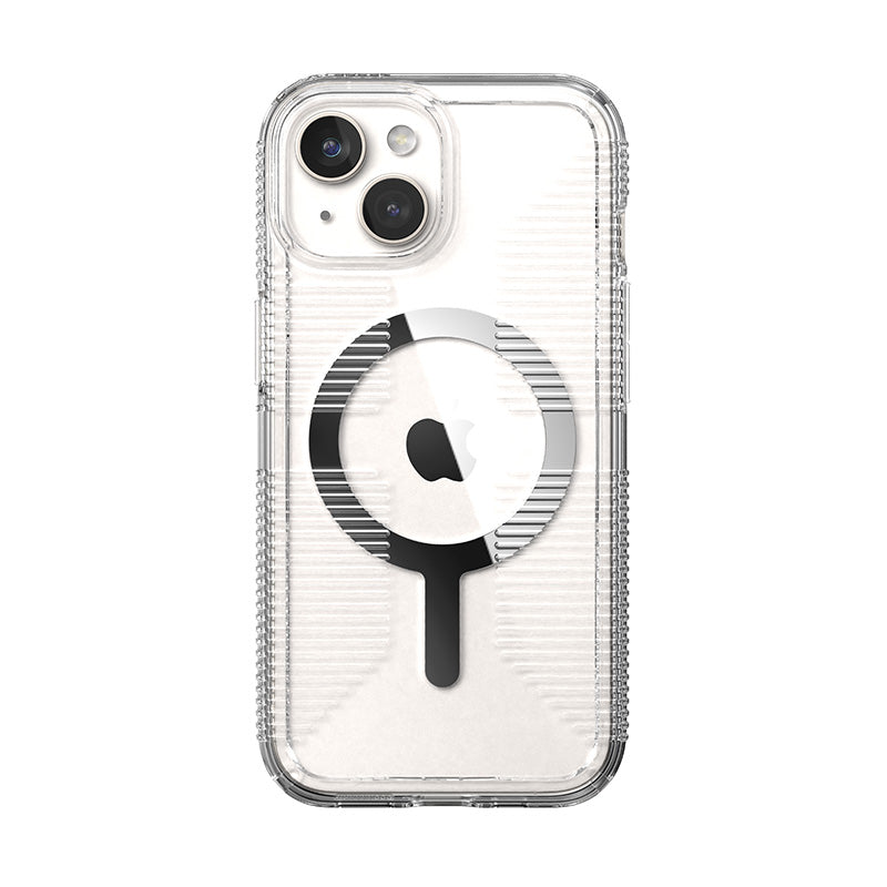 Speck Gemshell Grip + MagSafe – dėklas iPhone 16e / iPhone 15 / iPhone 14 / iPhone 13 (skaidrus / chromuota apdaila)