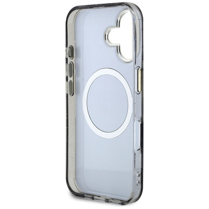 Guess Glitter Flowers Triangle Buttons MagSafe – dėklas iPhone 16 (juodas)