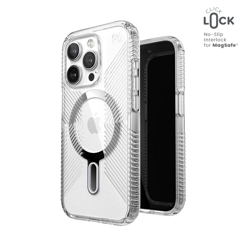 Speck Presidio Perfect-Clear Grip ClickLock & Magsafe – dėklas, skirtas iPhone 15 Pro (skaidrus / chromo apdaila / ramus sidabras)
