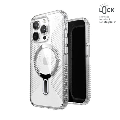 Speck Presidio Perfect-Clear Grip ClickLock & Magsafe – dėklas, skirtas iPhone 15 Pro (skaidrus / chromo apdaila / ramus sidabras)
