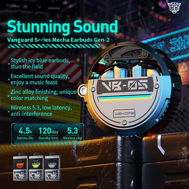 WEKOME VB05 Vanguard Series – „Bluetooth V5.3 TWS“ belaidės ausinės su įkrovimo dėklu (pilkos)