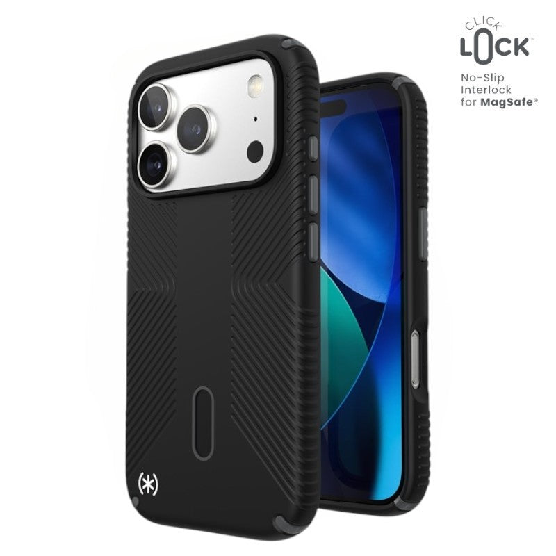 Speck Presidio2 Grip ClickLock ir MagSafe – dėklas iPhone 17 Pro (juodos / plokščių pilkos / baltos spalvos)