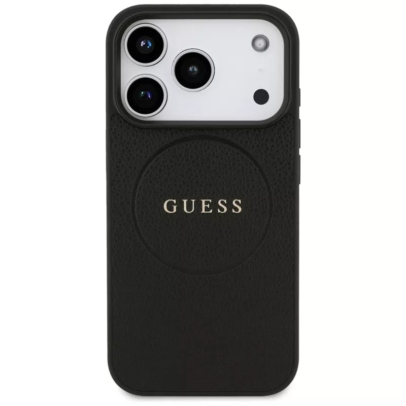 Guess Tekstūruotas žiedas MagSafe - Dėklas iPhone 17 Pro (juodas)