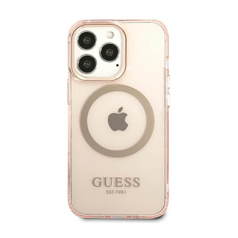 Guess Gold Outline Translucent MagSafe – dėklas, skirtas iPhone 13 Pro (rožinis)
