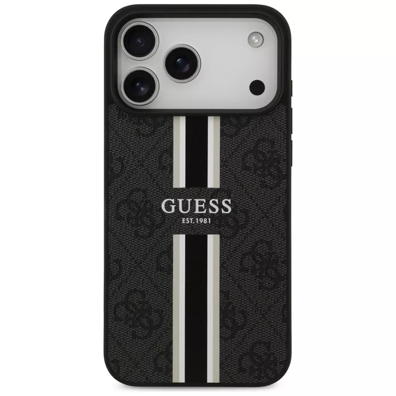 Guess 4G Dryžuoto Spaudinio MagSafe Dėklas iPhone 17 Pro Max (Juodas)