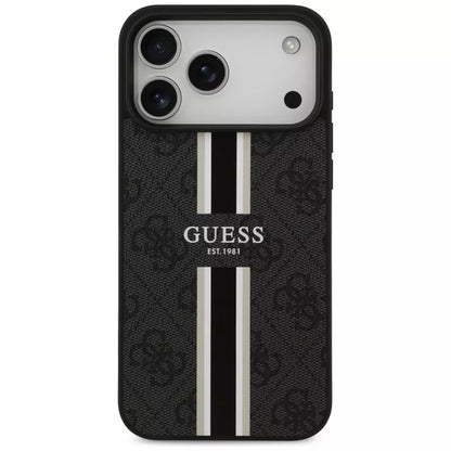 Guess 4G Dryžuoto Spaudinio MagSafe Dėklas iPhone 17 Pro Max (Juodas)