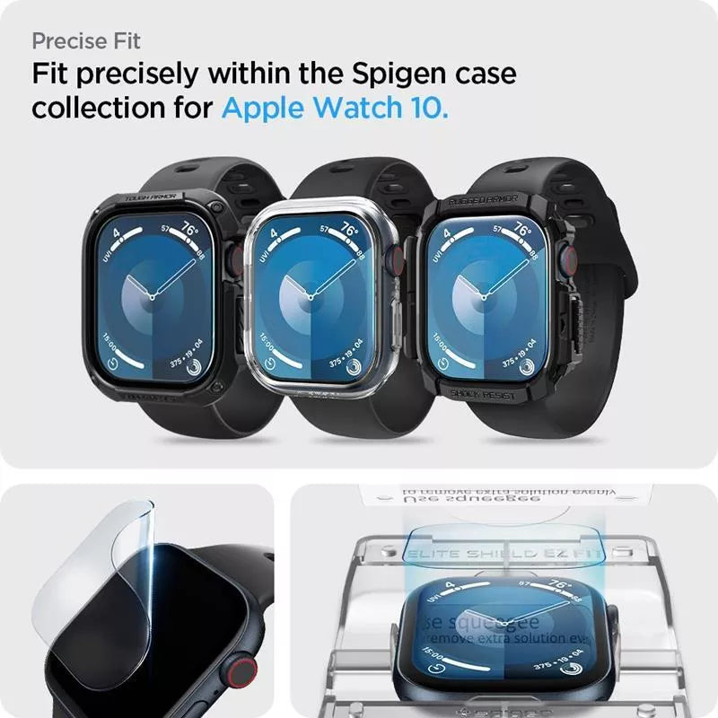 Spigen Elite Shield EZ Fit 2-Pack – hibridinis stiklo ekrano apsaugos rinkinys, skirtas Apple Watch 10 46 mm (skaidrus)