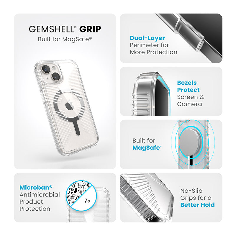 Speck Gemshell Grip + MagSafe – dėklas iPhone 16e / iPhone 15 / iPhone 14 / iPhone 13 (skaidrus / chromuota apdaila)