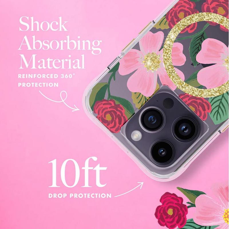 Rifle Paper Clear MagSafe – Dėklas papuoštas auksu, skirtas iPhone 14 Pro (Rose Garden)