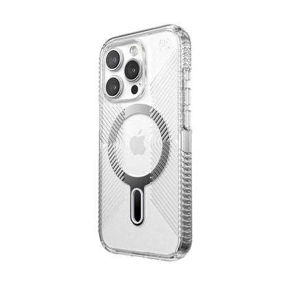 Speck Presidio Perfect-Clear Grip ClickLock & Magsafe – dėklas, skirtas iPhone 15 Pro (skaidrus / chromo apdaila / ramus sidabras)
