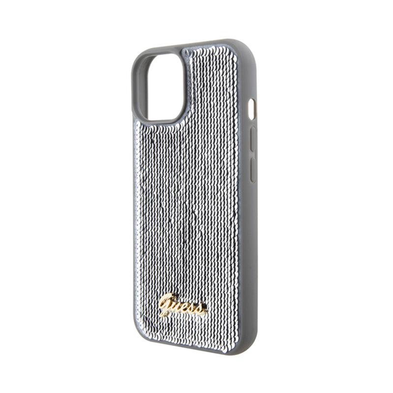 Guess dėklas su metaliniu blizgučių užrašu, skirtas „iPhone 15“ (sidabrinis)