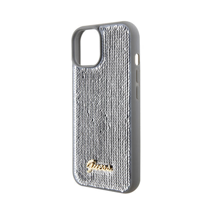 Guess dėklas su metaliniu blizgučių užrašu, skirtas „iPhone 15“ (sidabrinis)