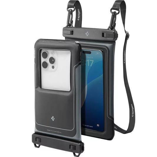 Spigen A611P Universalus vandeniui atsparus plūduriuojantis dėklas, 2 vnt. – Vandeniui atsparus dėklas išmaniesiems telefonams iki 6,9" (Matinė juoda)
