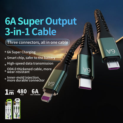 WEKOME WDC-170 Raython serija – 3-in-1 USB-A to USB-C + Lightning + Micro USB 1,2 m greitojo įkrovimo PD laidas (juodas)