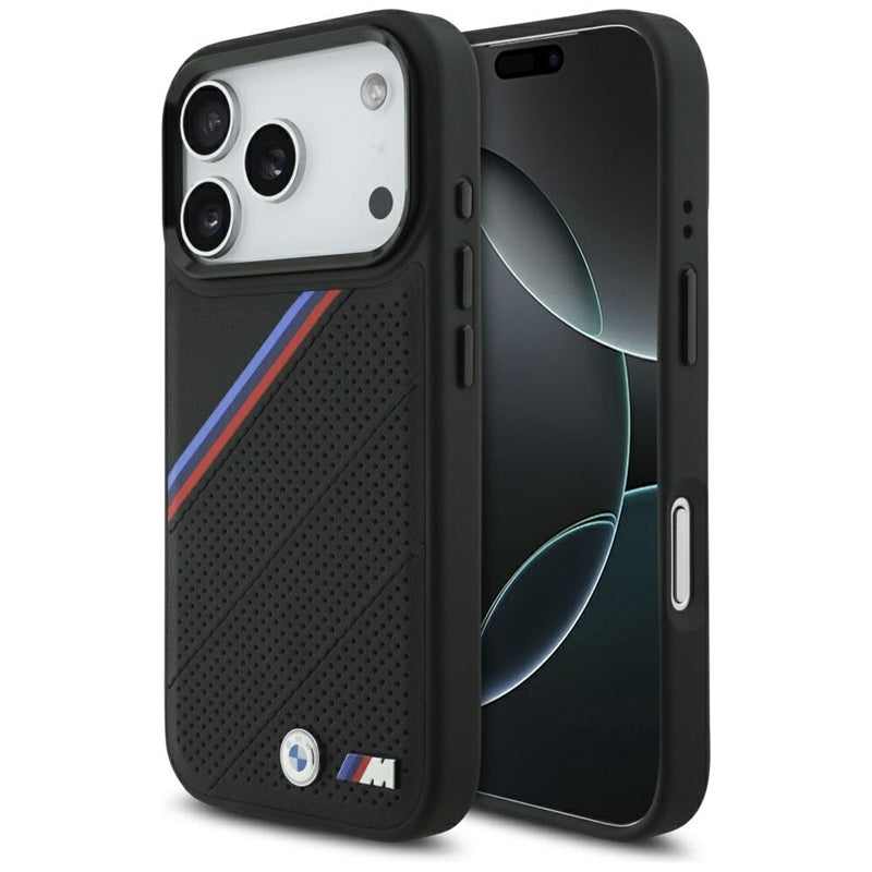 BMW M Tricolor Metal Logo MagSafe dėklas – iPhone 17 Pro (Juodas)