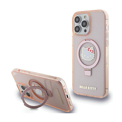 Hello Kitty žiedinis stovas su blizgučiais ir Electrop logotipu, skirtas MagSafe – dėklas iPhone 15 Pro Max (rožinis)
