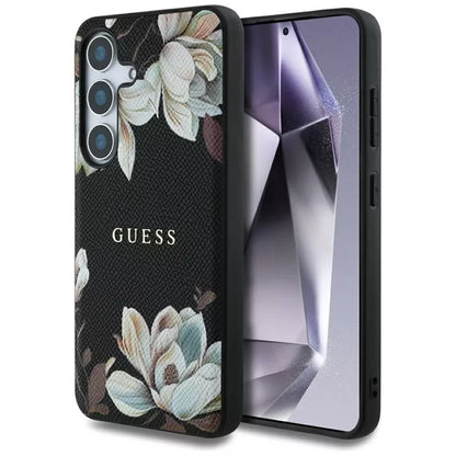 Guess Grained Printed Flower Pattern MagSafe – dėklas, skirtas Samsung Galaxy S25 (juodas)