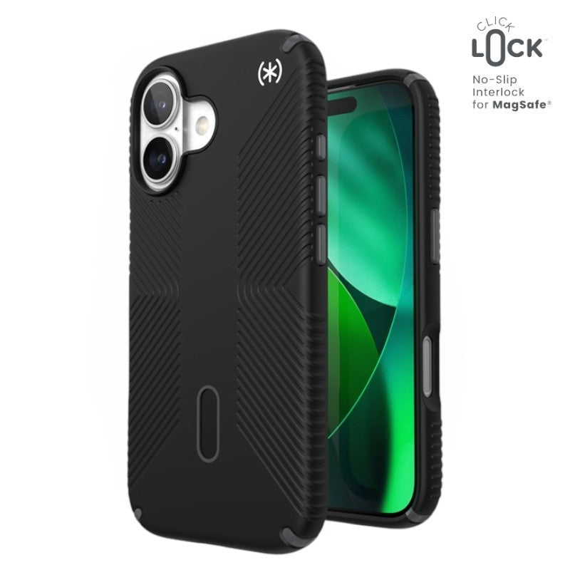 Speck Presidio2 Grip ClickLock ir MagSafe – iPhone 17 dėklas (juoda / alyvuogių pilka / balta)