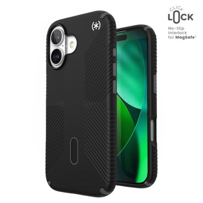 Speck Presidio2 Grip ClickLock ir MagSafe – iPhone 17 dėklas (juoda / alyvuogių pilka / balta)