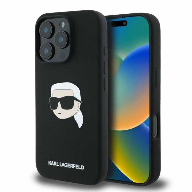 Karl Lagerfeld silikoninis dėklas su Karlo galvos spaudiniu MagSafe - iPhone 16 Pro Max (juodas)