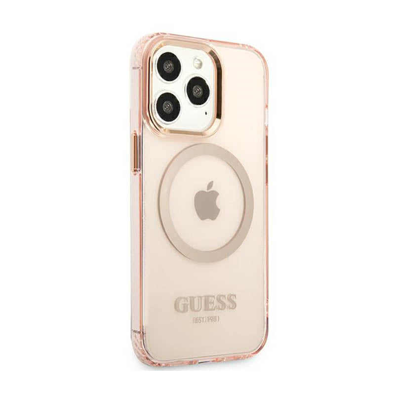 Guess Gold Outline Translucent MagSafe – dėklas, skirtas iPhone 13 Pro (rožinis)