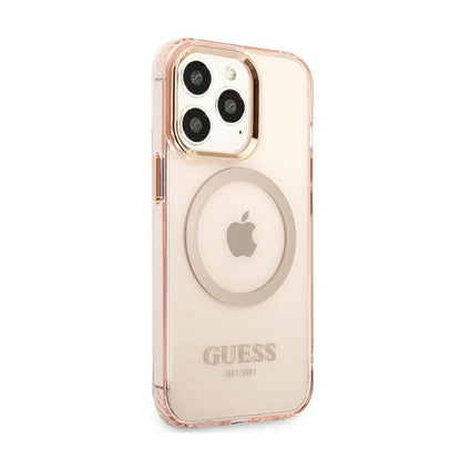 Guess Gold Outline Translucent MagSafe – dėklas, skirtas iPhone 13 Pro (rožinis)