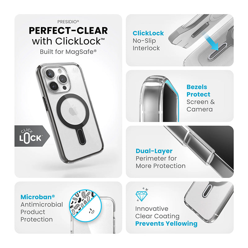 Speck Presidio Perfect-Clear ClickLock & Magsafe – Dėklas iPhone 15 Pro (Skaidrus / Matinis juodas / Tamsiai pilkas)