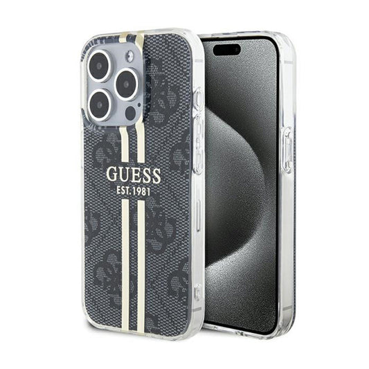Guess IML 4G Gold Stripe – dėklas iPhone 15 Pro (juodas)