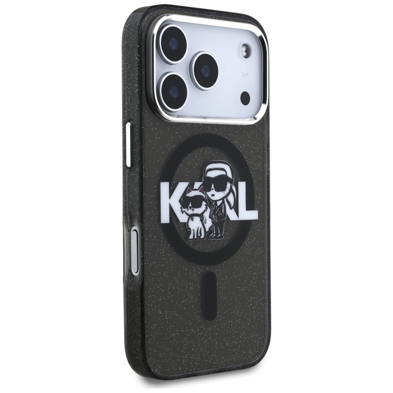 Karl Lagerfeld IML Blizgantis Karl & Choupette eskizo logotipas MagSafe - Dėklas iPhone 17 Pro (Juodas)