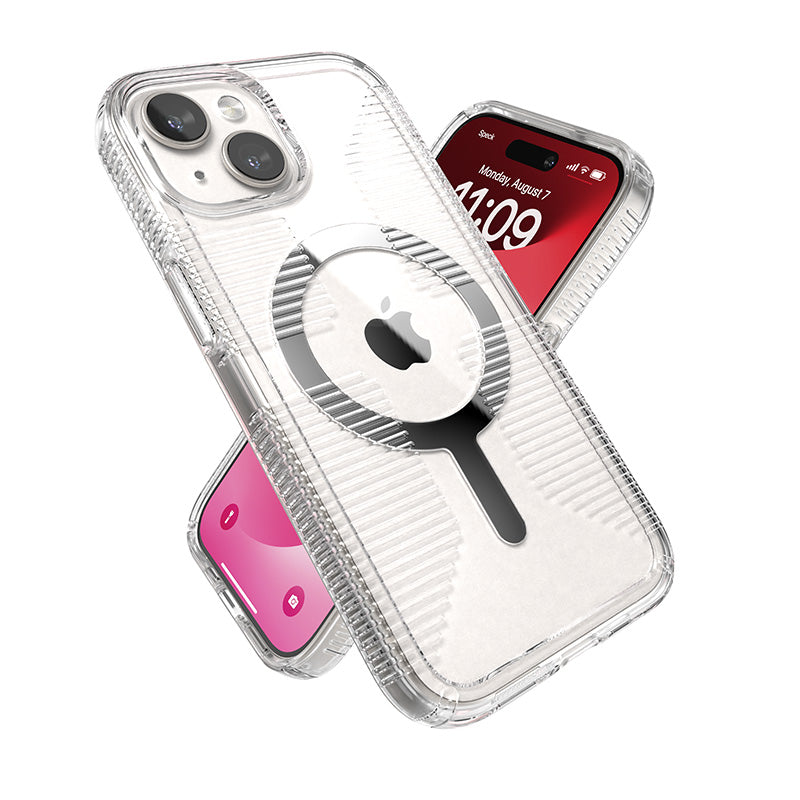 Speck Gemshell Grip + MagSafe – dėklas iPhone 16e / iPhone 15 / iPhone 14 / iPhone 13 (skaidrus / chromuota apdaila)