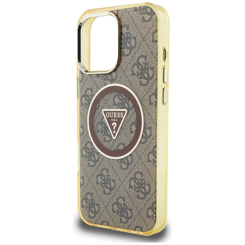 Guess IML Metal Glitter 4G Circle Triangle MagSafe – dėklas iPhone 16 Pro (rudos spalvos)
