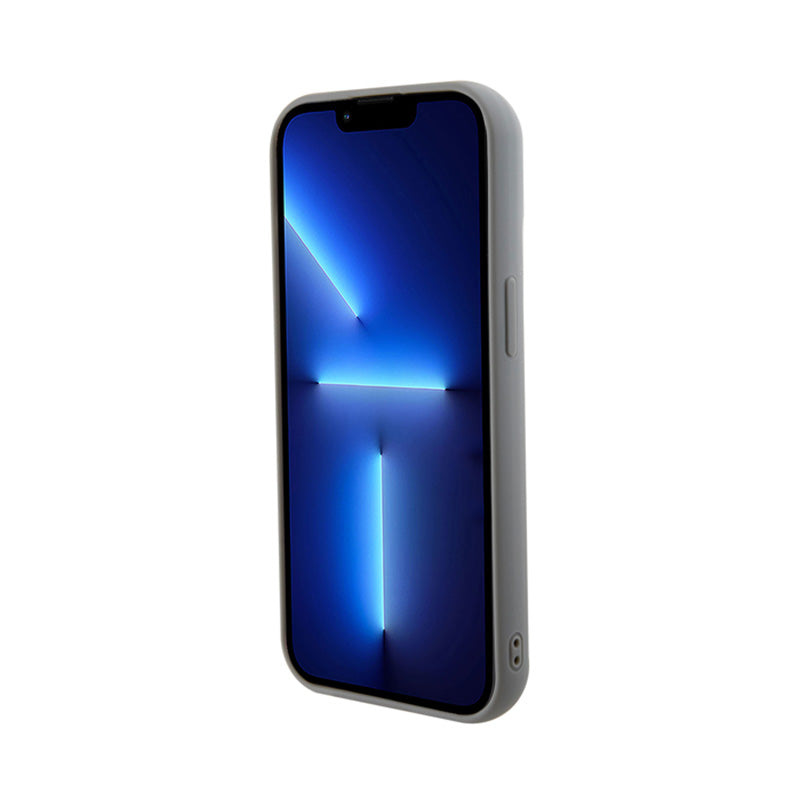 Guess dėklas su metaliniu blizgučių užrašu, skirtas „iPhone 15“ (sidabrinis)