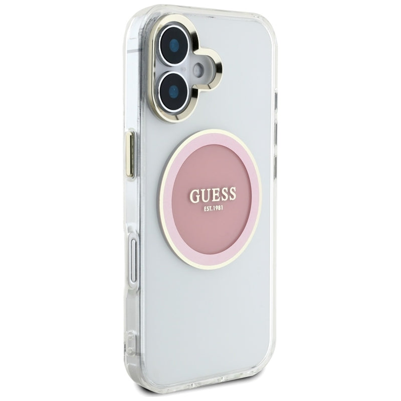 Guess IML Metal Colored Circle Classic Logo MagSafe – dėklas iPhone 16 (rožinis)