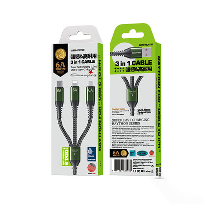 WEKOME WDC-170 Raython serija – 3-in-1 USB-A to USB-C + Lightning + Micro USB 1,2 m greitojo įkrovimo PD laidas (juodas)