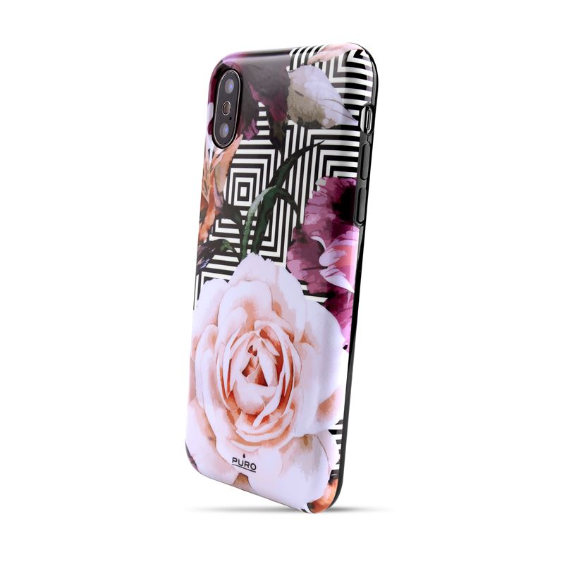 PURO Glam Geo Flowers - „iPhone Xs“ / „X“ dėklas (rožiniai bijūnai)