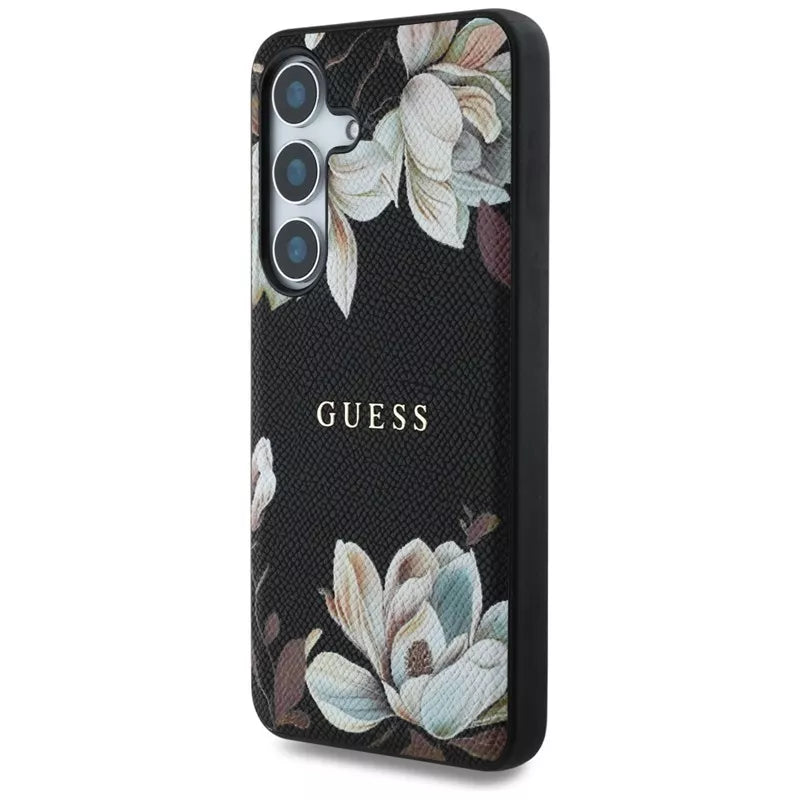 Guess Grained Printed Flower Pattern MagSafe – dėklas, skirtas Samsung Galaxy S25 (juodas)