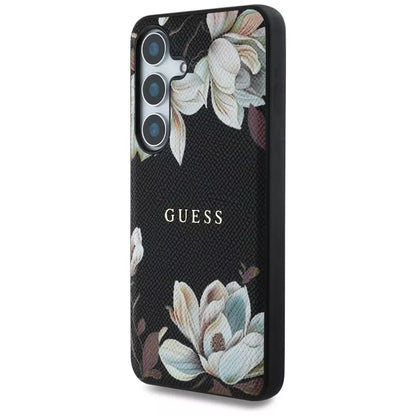 Guess Grained Printed Flower Pattern MagSafe – dėklas, skirtas Samsung Galaxy S25 (juodas)