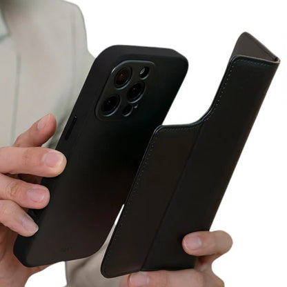 Moshi Overture MagSafe - 3-in-1 atverčiamas odinis dėklas iPhone 16 Pro Max (Anglies juodos)