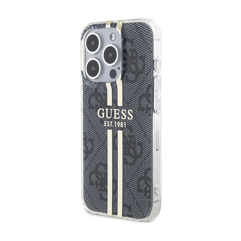 Guess IML 4G Gold Stripe – dėklas iPhone 15 Pro (juodas)