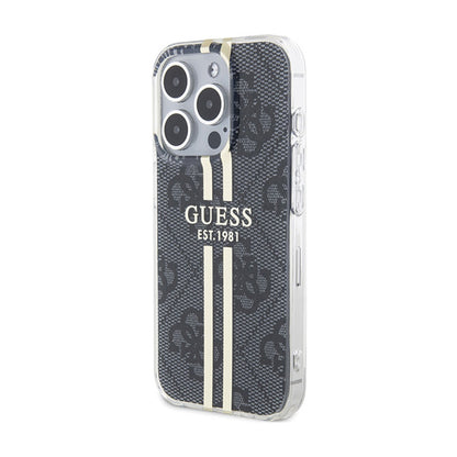 Guess IML 4G Gold Stripe – dėklas iPhone 15 Pro (juodas)